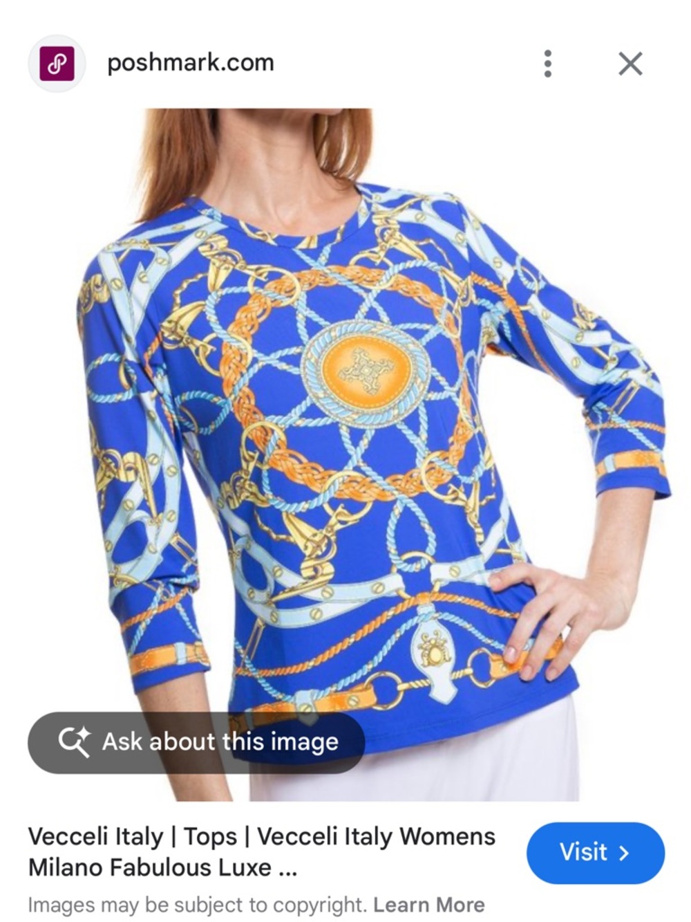Vecceli Italy Royal Blue and Gold Chain-Print Long Sleeve Top